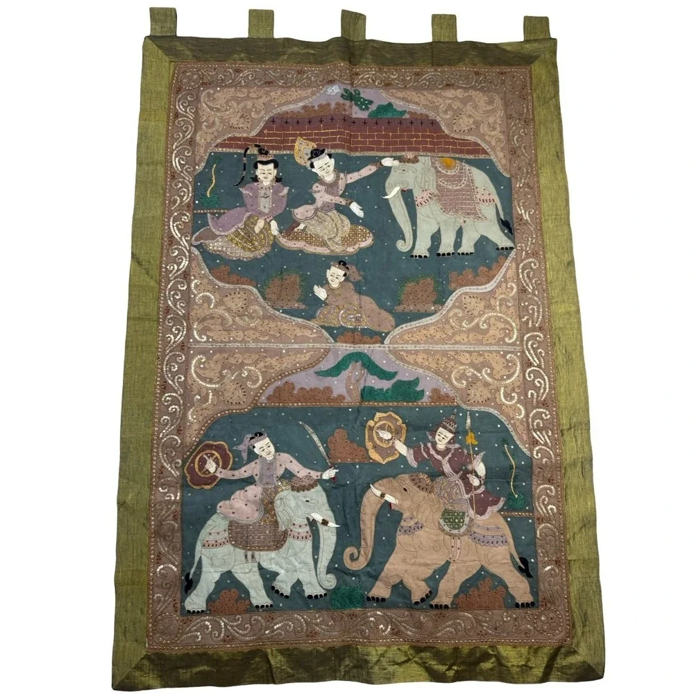 Vintage Thai Kalaga Tapestry Wall Hanging Elephant Applique Sequined Large